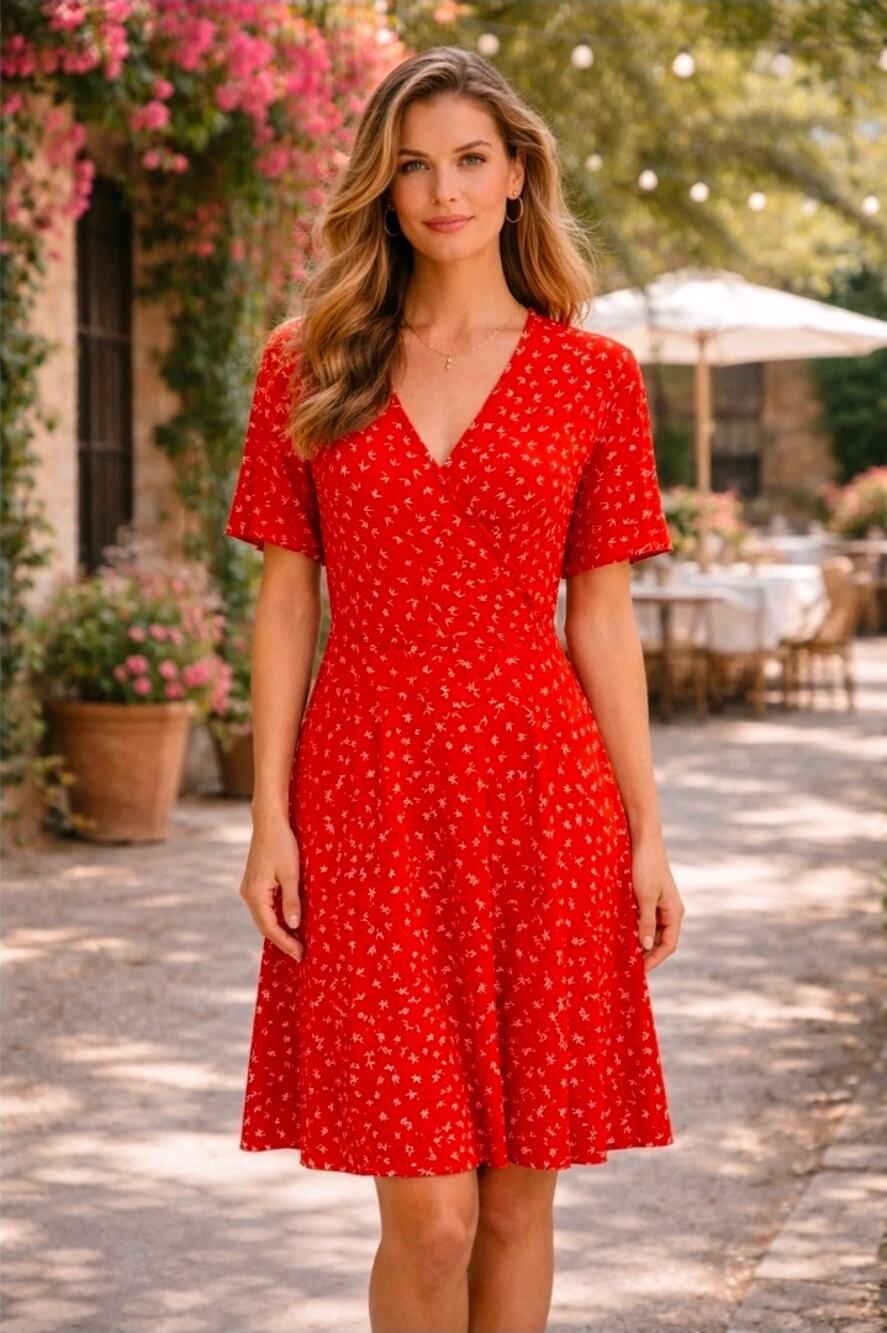 41 Hawthorn Red White Leaf Knit Faux Wrap Flutter Sleeve Dress Size Large NWT
